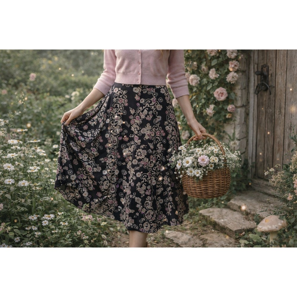 Alfani 100%‎ Silk Dark Floral Midi Skirt Fairycore Y2K Artsy Feminine